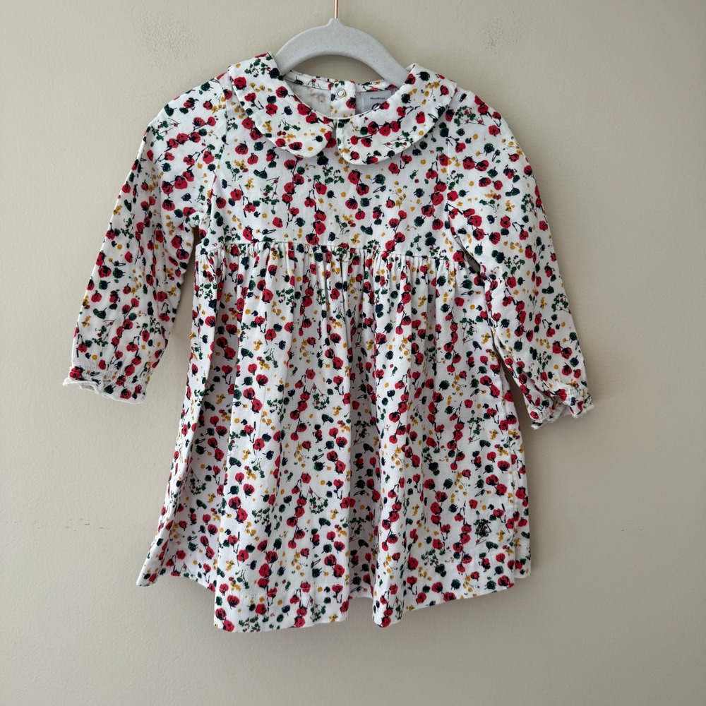 Petit Bateau Baby Girl Floral Poppy Dress White Red 18M 81cm Cotton Peter Pan